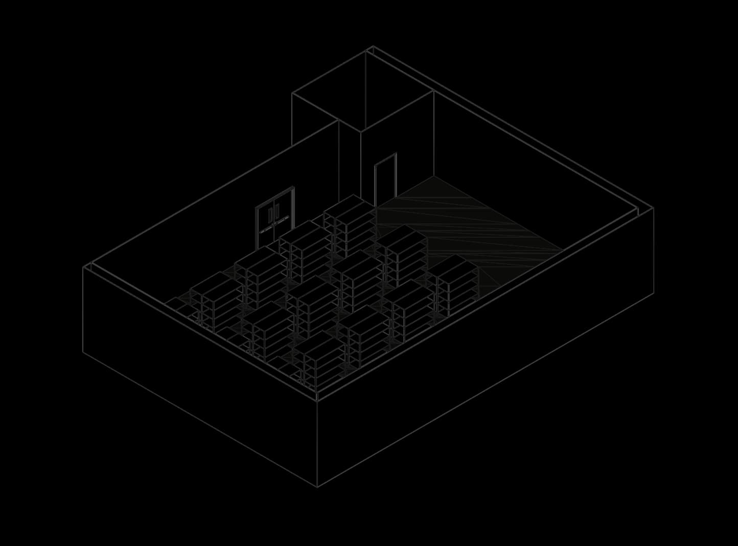 Isometric cutaway of the ePlane facility: racking, doors and the clean-room floor