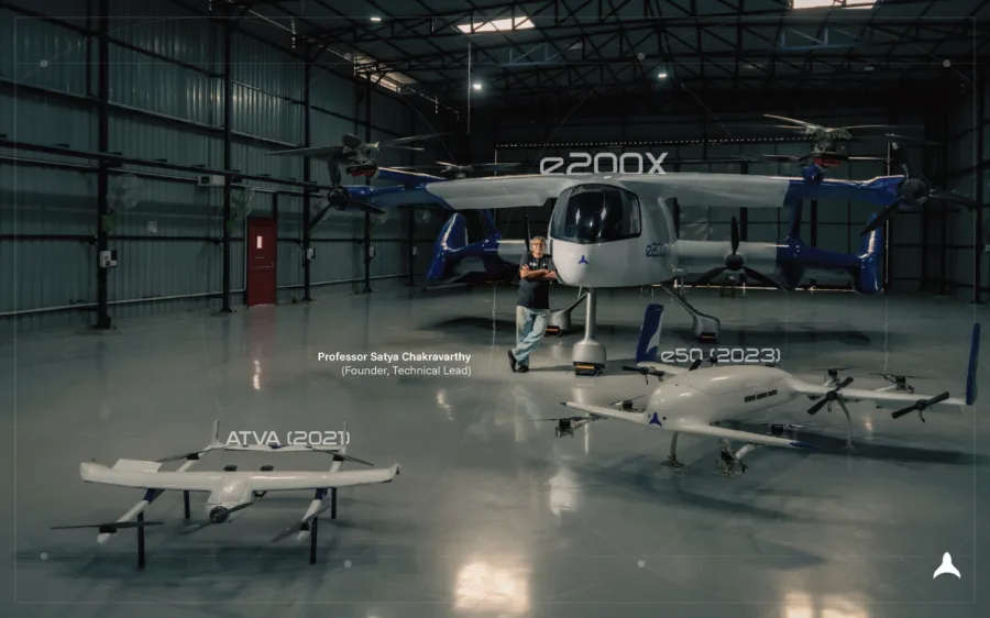 Prof. Satya Chakravarthy in the hangar with the Atva, the e50 and the e200X