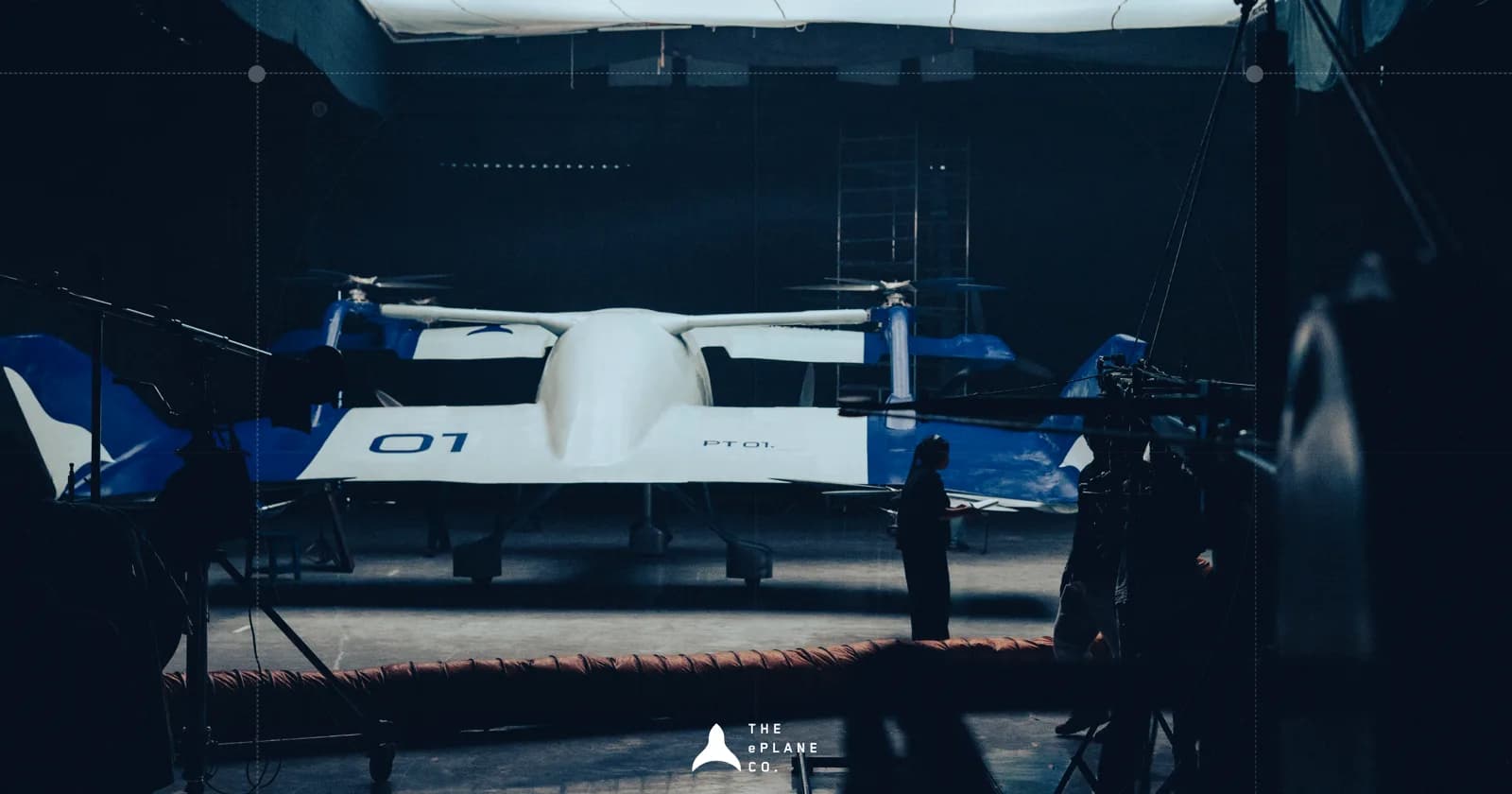 The e200X PT-01 under the hangar rig during ground testing